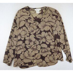 VINTAGE WOMEN'S SHEER BROWN FLORAL PRINT BUTTON-UP BLOUSE - JONES NEW YORK - 12